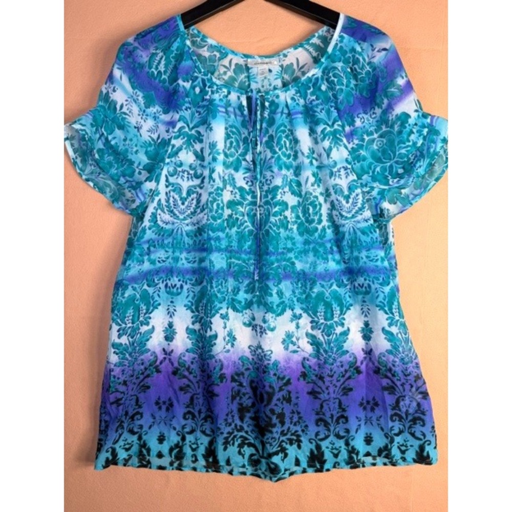 Dressbarn Woman 1X Blue Teal Purple Floral Paisley Short Sleeve Tunic Top